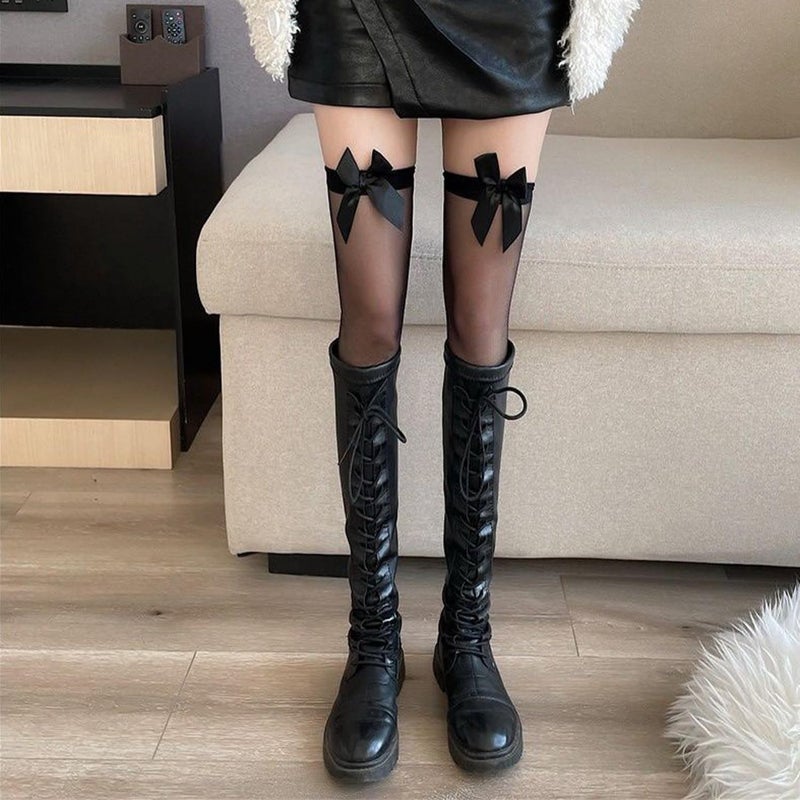 Ninejuize Thigh High Stockings with Bow, Santa Accessory Y2K Fishnet Socks with Lace Brim Lingerie Tights for Women - Image 1